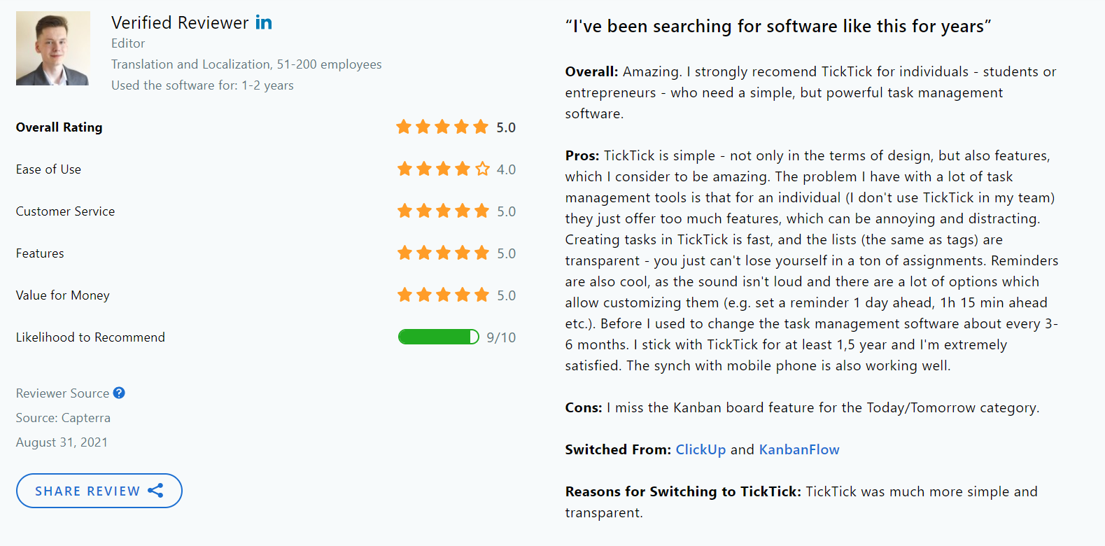 TickTick testimonial